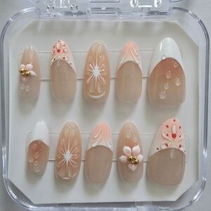 3D Water Droplet & Floral Press On Nails - Peach Peach French Tip - Size Medium